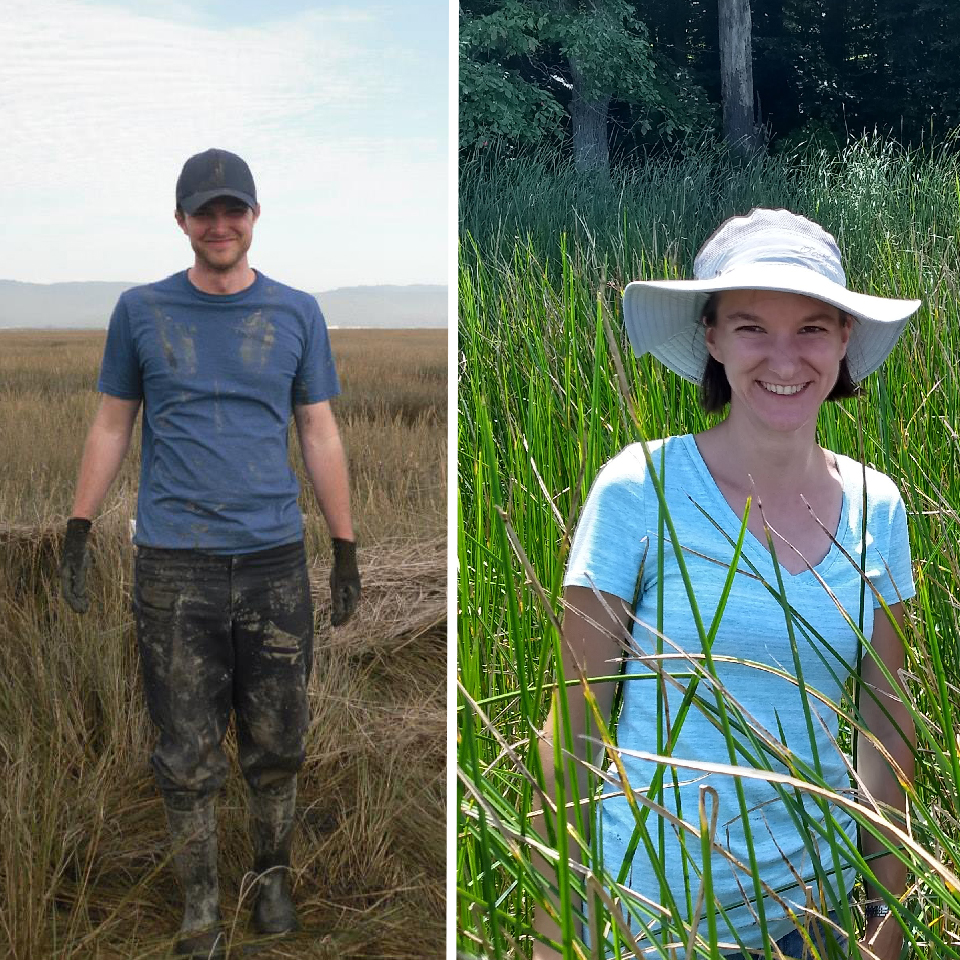 Left: James Holmquist in muddy clothes on wetland. Right: Genevieve Noyce in white field hat on wetland