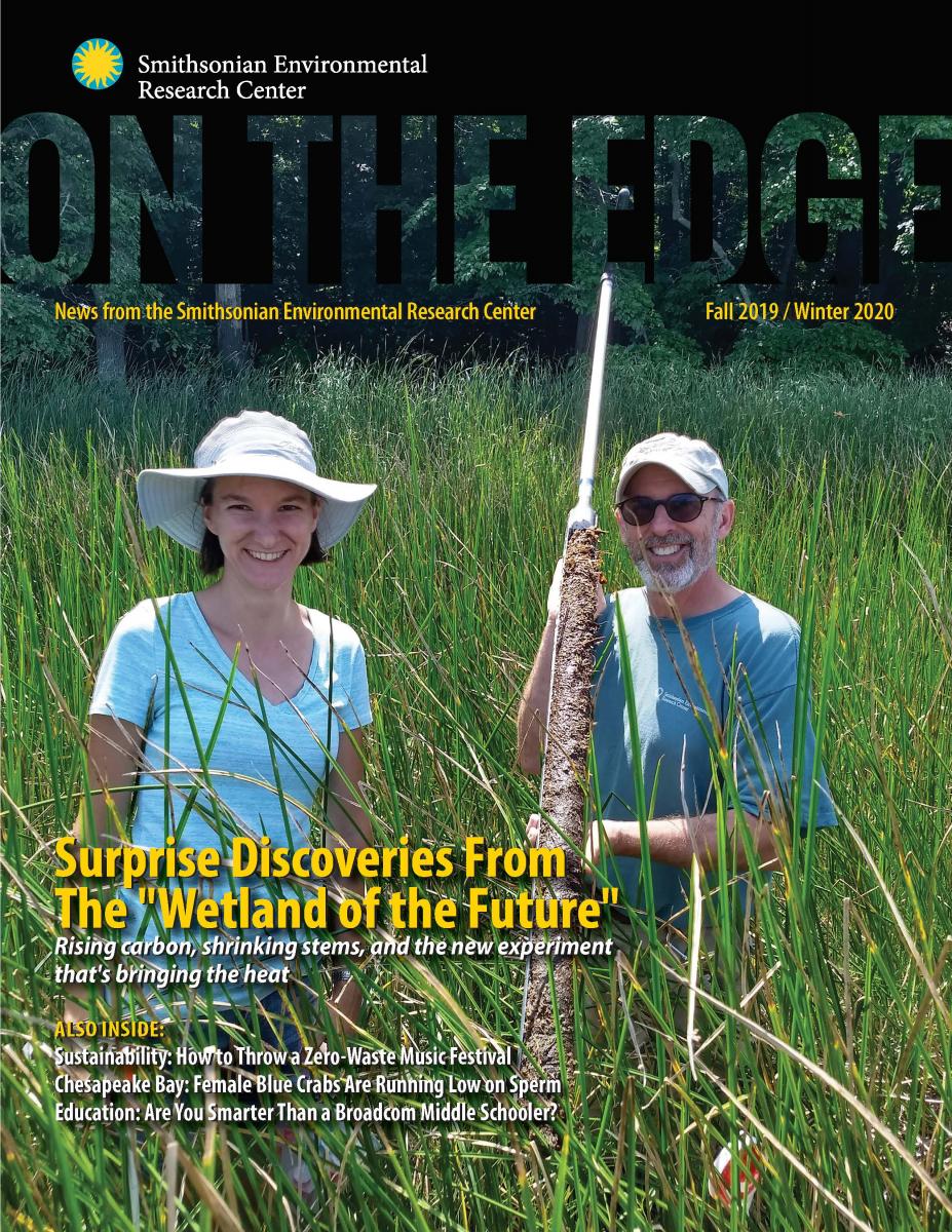 Front cover of Fall 2019/Winter 2020 newsletter On The Edge, with a man and woman standing together in a marsh with a soil core