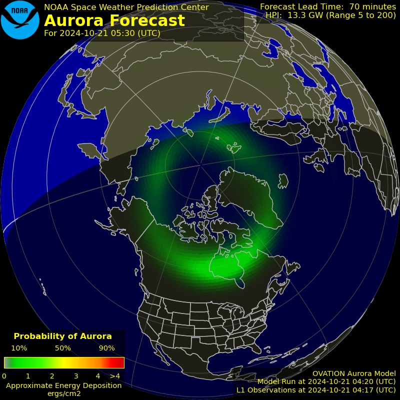 The latest Ovation aurora prediction plot and animation