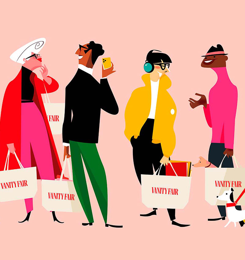 Stylized and colorful illustrated people carrying "Vanity Fair" branded tote bags on a coral background.