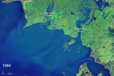 Series of false-color satellite images chronicles the growth of the two deltas between 1984 and 2017. All of the images were acquired by instruments on Landsat satellites. Credit: NASA Earth Observatory