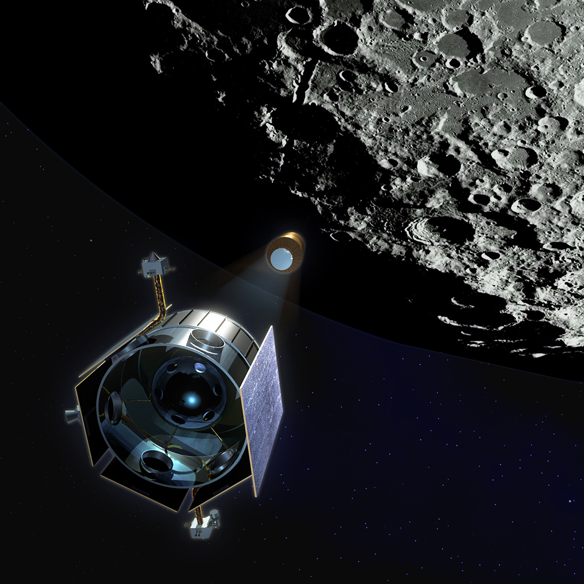 Illustration of a spacecraft discharging a projectile into the surface of Moon