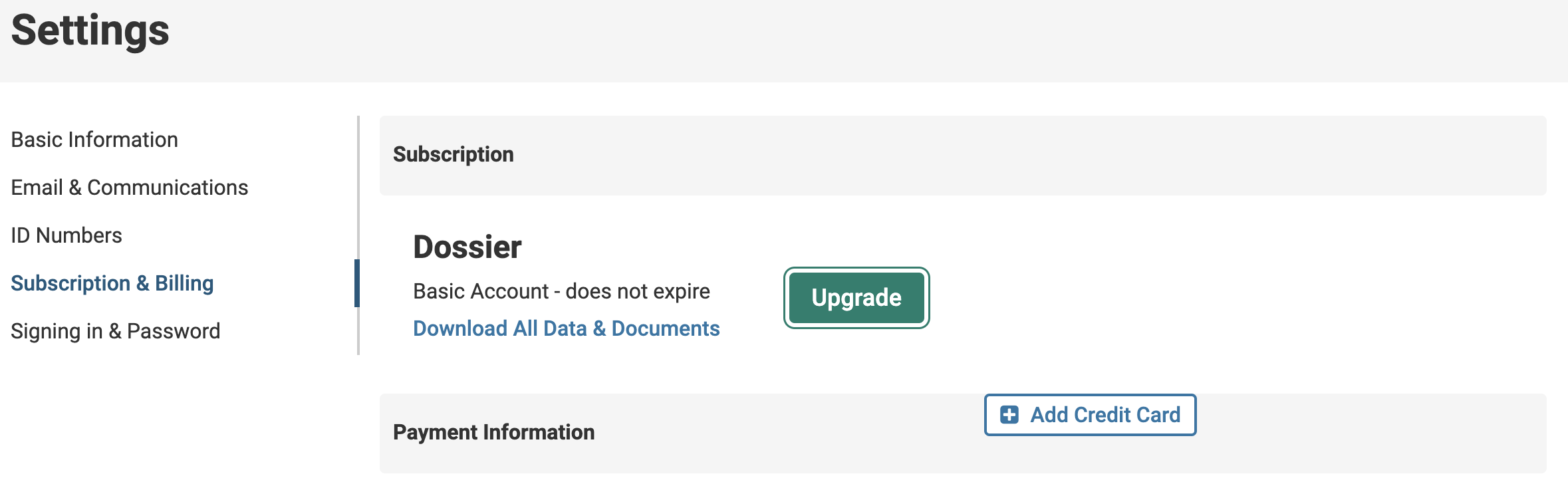 Subscriptions & Billing tab selected on the Settings page with the Upgrade button selected under the Subscription section