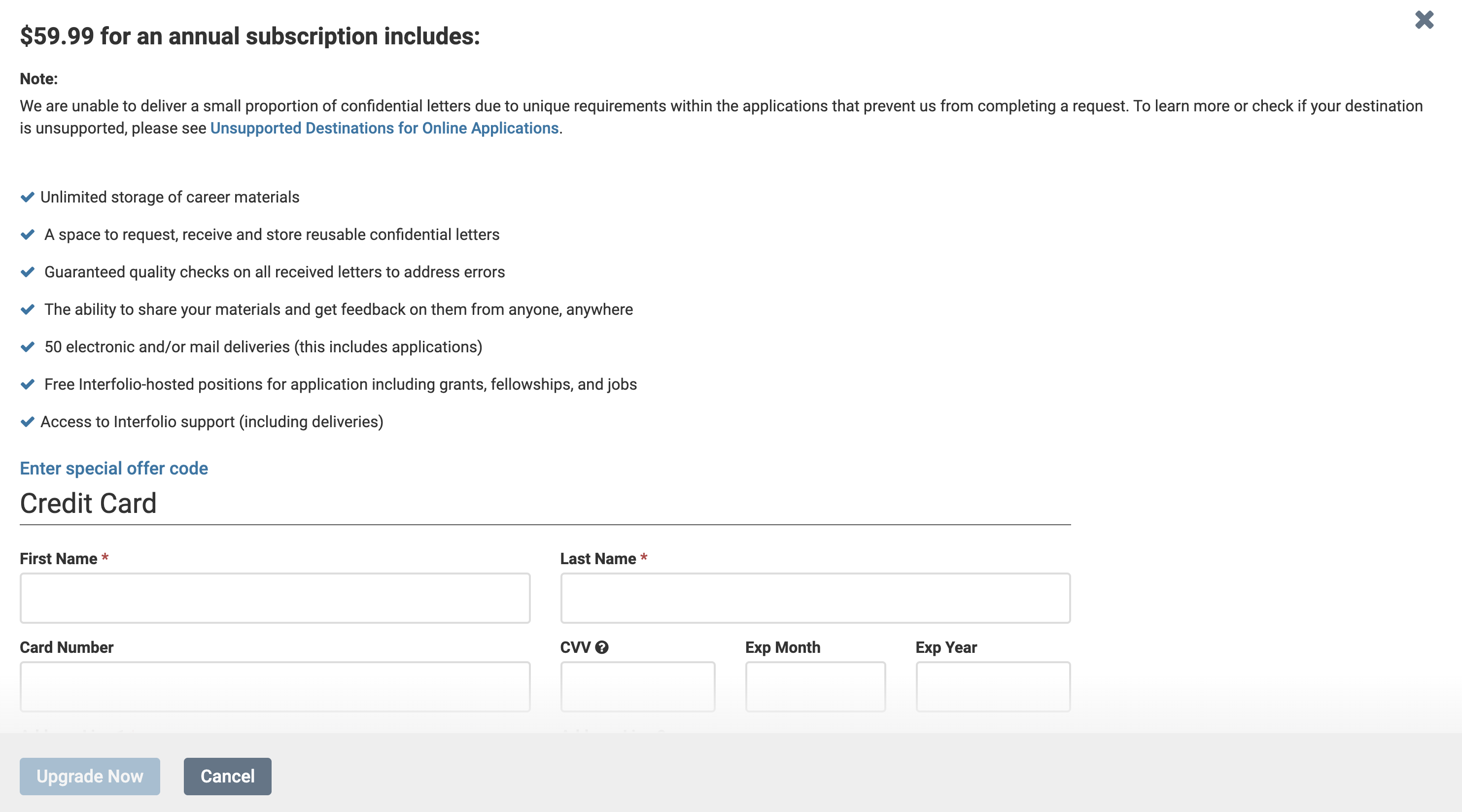 Annual Subscription page with space for Credit Card information