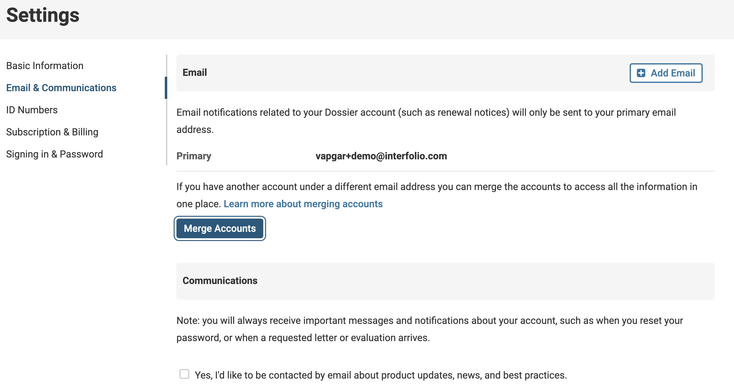 Email & Communications tab with Merge Accounts button selected