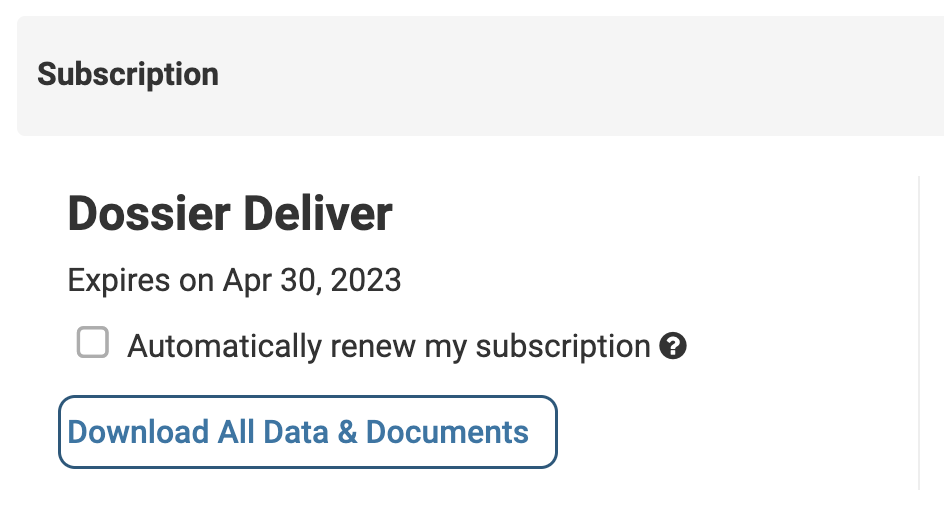 Subscription section with Download All Data & Documents selected