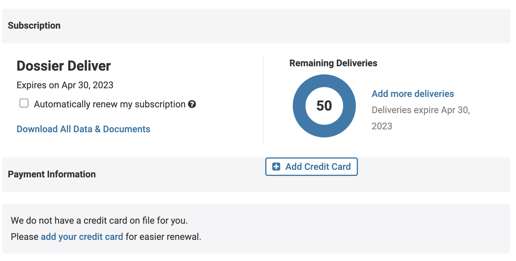 Subscription section with Remaining Deliveries on the right hand side