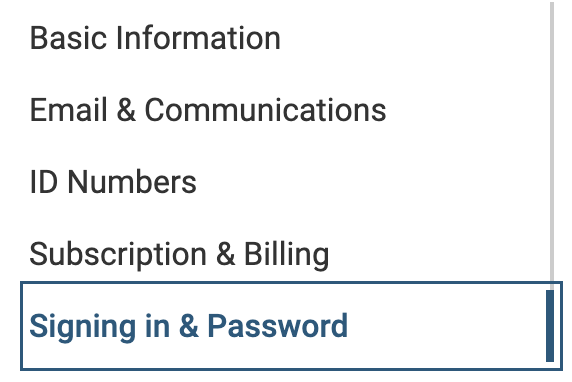 Signing in & Password selected at the bottom