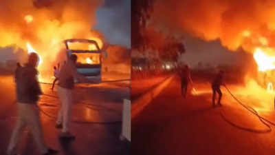 Video: Fire breaks out in private bus on NH 48 in Gujarat's Sabarkantha