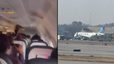 United Airlines plane catches fire on runway, terrified passengers scream, get off