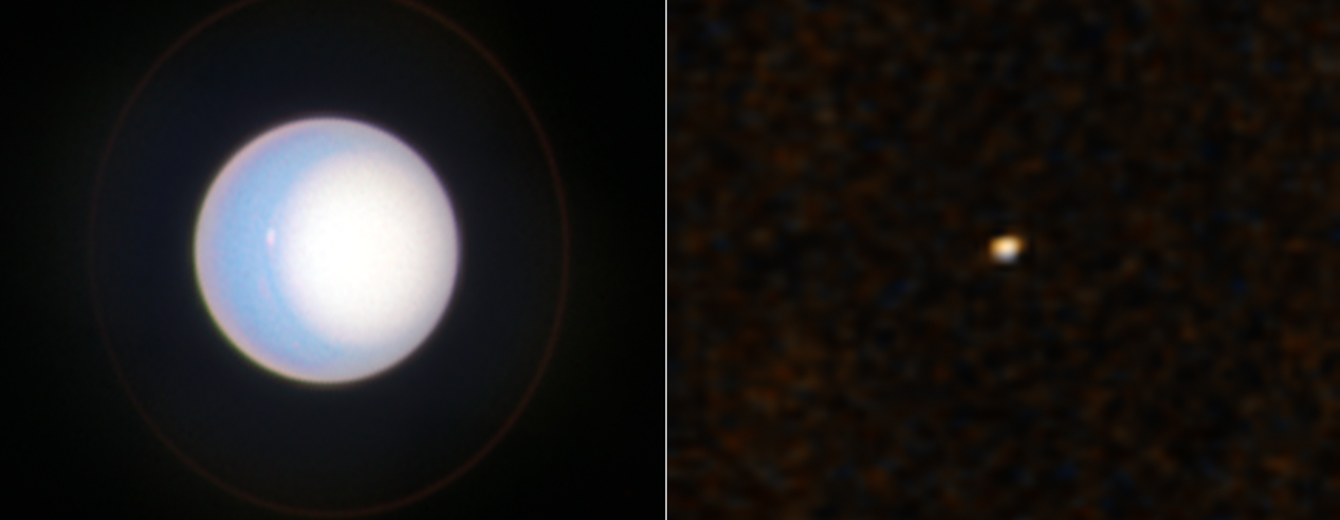 A two panel image. The left panel is Hubble's actual view of Uranus – the planet is a light blue sphere, with a white circle covering the right half of the planet (the southern pole). The right panel is the actual view of Uranus from New Horizons. The planet appears as a tiny whiteish dot.