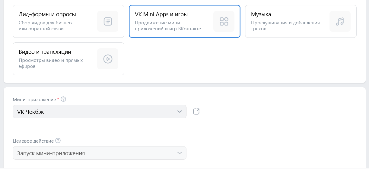 Выбрано целевое действие «Запуск мини-приложения»
