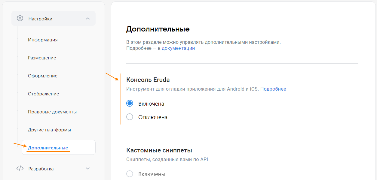 Настройки включения консоли Eruda