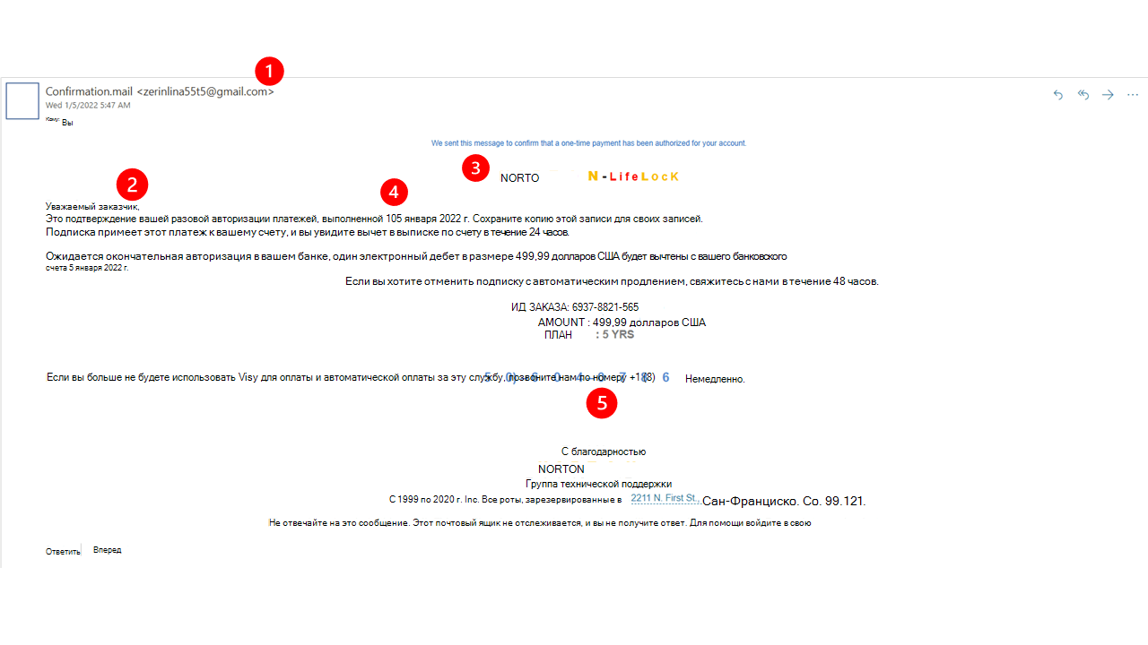 Пример сообщения о мошенничестве, притворяющемся от Norton.