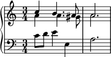 
   \new PianoStaff <<
      \new Staff <<
         \set Score.tempoHideNote = ##t \tempo 4 = 72
         \set Staff.midiInstrument = #"voice oohs"
         \new Voice \relative c'' {
             \stemUp \clef treble \key a \minor \time 3/4
             c4 b4. a8 a2.
             }
         \new Voice \relative c'' {
             \stemDown
              a4 a4. gis8 a2.
              }
            >>
     \new Staff <<
         \new Voice \relative c' {
            \set Staff.midiInstrument = #"voice oohs"
             \clef bass \key a \minor \time 3/4
             c8 d e4 e, a2.
             }
         >>
    >>
