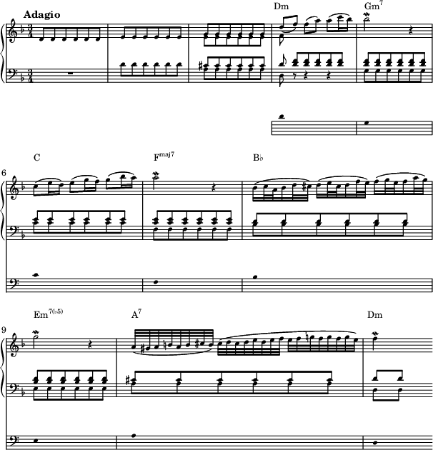  { <<
 \new PianoStaff <<
  \new Staff = "chords" << \magnifyStaff #2/3
   \new Voice \relative c' { 
   \key f \major \set Score.tempoHideNote = ##t \tempo 4 = 40 \time 3/4
   \mark \markup { \abs-fontsize #10 { \bold { Adagio } } }
   d8 d d d d d | e e e e e e | g g g g g g | \stemUp d'( f) \stemNeutral f( a) a( c16 bes) | bes2 \mordent r4 | \break
   c,8( e16 d) e8( g16 f) g8( bes16 a) | a2 \mordent r4 | bes,16( c32 a bes16 d32 cis) d16( e32 cis d16 f32 e) f16( g32 e f16 a32 g) | \break
   g2 \mordent r4 | a,32( gis a b a b cis b) cis( d cis d e d e f e f g! f g f g e) | f4 \mordent s4
  }
   \new Voice \relative c' { 
   s2. | s | \stemDown e8 e e e e e | f8 
  }
  \new Staff << \magnifyStaff #2/3
   \new Voice \relative c' { 
   \key f \major \clef F \time 3/4
   R2. | d8 d d d d d | \stemUp cis cis cis cis cis cis | d <d f>[ <d f> <d f> <d f> <d f>] | <d f> <d f> <d f> <d f> <d f> <d f> | e e e e e e | <c e> <c e> <c e> <c e> <c e> <c e> | d d d d d d | <bes d> <bes d> <bes d> <bes d> <bes d> <bes d> | cis cis cis cis cis cis | d[ d]  s4
  } 
   \new Voice \relative c' { \clef F 
   s2. | s | \stemDown a8 a a a a a | d, r r4 r | g8 g g g g g | c8 c c c c c | f, f f f f f | bes bes bes bes bes bes | e, e e e e e | a a a a a a | d,[ d] s4
  }
 \addlyrics \with { alignAboveContext = "chords" } { \override LyricText.font-size = #-1.5 _ _ _ _ _ _ Dm \markup{\concat{Gm\super{7}}} _ _ _ _ _ C _ _ _ _ _ \markup{\concat{F\super{maj7}}} _ _ _ _ _ B♭ _ _ _ _ _ \markup{\concat{Em\super{7(♭5)}}} _ _ _ _ _ \markup{\concat{A\super{7}}} _ _ _ _ _ Dm }
>> >> >>
\new Staff \with {
      \omit TimeSignature
      \magnifyStaff #2/3
      firstClef = ##f
    } \relative c' 
 { \hide Staff.KeySignature \key f \major \clef bass
 {\stopStaff s2. s s \startStaff \hide Stem d8 s s s s s g, s s s s s c s s s s s f, s s s s s bes s s s s s e, s s s s s a s s s s s d,}} 
 >> }
\layout { line-width = #150 }
