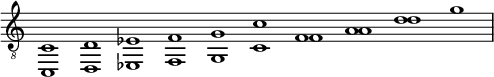 \new Staff \with {\remove "Time_signature_engraver"}{\time 10/1 \clef "G_8" { << {c1 d ees f g c' f a d'} \\ {c,1 d, ees, f, g, c f a d' g'} >>}}