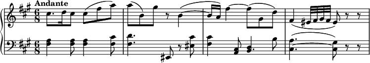 
{
  \new PianoStaff <<
    \new Staff {
      \key a \major 
      \time 6/8
      \tempo "Andante"
      \tempo 4. = 37
      \relative c'' {
        cis8. d16 cis8 cis (fis a) |
        a ( b, ) gis' r  b,4~  ( |
        b16 a ) fis'4~ fis8 ( gis, d' ) |
        fis,4 ( eis32 fis gis fis eis8 ) r8 r |
      }
    }
    \new Staff {
      \clef "bass"
     \key a \major
     \time 6/8 
     \relative c {
        <fis a>4 q8 q4 <fis cis'>8 | 
        <fis d'>4. eis,8 r <eis' cis'>
        <fis cis'>4 <a, cis>8 << { b4. } { d4 b'8 } >>
        << { cis,4.~ cis8 } { a'4. (gis8) } >> r8 r |
      }
    }
  >>
}
