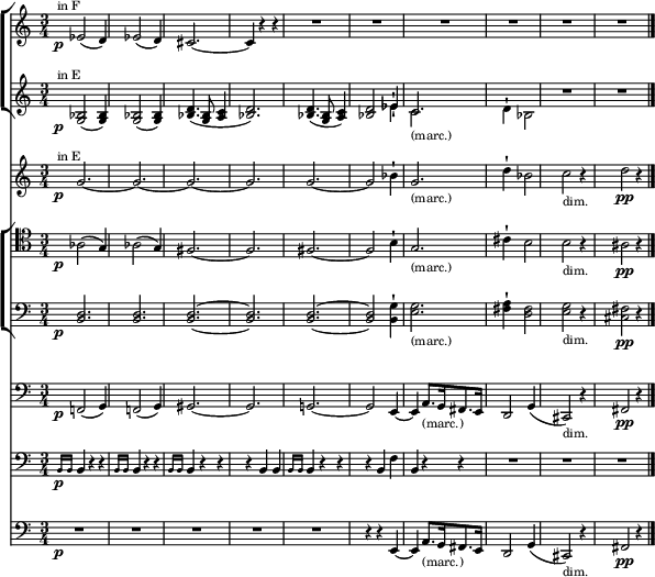  {<<
 \new ChoirStaff <<
  \relative c' {
   \magnifyStaff #3/4 \set Score.tempoHideNote = ##t \tempo 4 = 60 \time 3/4 \set Staff.midiInstrument = #"trumpet" \transposition f'^"in F"
    \p \grace {s16 s} ees2( d4) | ees2( d4) | cis2. ~ cis4 r r | R2. | R | R | R | R | R
   }
  \new Staff \with{ \magnifyStaff #3/4 } <<
   \new Voice \relative c' { \override Hairpin.minimum-length = #3
    \set Staff.midiInstrument = #"trumpet" \transposition e'^"in E"
     \p \grace {s16 s} \hide \pp <g bes>2( <bes g>4) | <g bes>2( <bes g>4) | <bes d>4.( <g bes>8 <a c>4 | <bes d>2.) |<bes d>4.( <g bes>8 <a c>4 ) | <bes d>2 ees4-! | c2._"(marc.)" | s2. | R | R
    } 
   \new Voice \relative c' { \stemDown
    \hide \p \grace {s16 s} s2. | s | s | s | s | s2 ees4-! | c2. | d4-! bes2 | R2. | R2. \bar "|."
   } >> >>
  \relative c' {
   \magnifyStaff #3/4 \set Staff.midiInstrument = #"trombone" \transposition e^"in E"
   \p \grace {s16 s} \hide \pp g'2. ~ g ~ g ~ g | g ~ g2 bes4-! | g2._"(marc.)" | d'4-! bes2 | c2_"dim." r4 | \pp d2 r4 
   }
 \new ChoirStaff <<
  \relative c' {
   \magnifyStaff #3/4 \clef tenor \set Staff.midiInstrument = #"trombone"
    \p \grace {s16 s} aes2( g4) | aes2( g4) | fis2. ~ fis | fis ~ fis2 b4-! | g2._"(marc.)" | cis4-! b2 | b2_"dim." r4 | \pp ais2 r4
   }
  \relative c' {
   \magnifyStaff #3/4 \clef F \set Staff.midiInstrument = #"trombone"
    \p \grace {s16 s} \hide \pp <b, d>2. | <b d> | <b d> ~ <b d> | <b d> ~ <b d>2 <b g'>4-! | <e g>2._"(marc.)"  | <fis a>4-! <d fis>2 | <e g>_"dim." r4 | \pp <cis fis>2 r4
   } >>
  \relative c' {
   \magnifyStaff #3/4 \clef F \set Staff.midiInstrument = #"trombone"
    \p \grace {s16 s} \hide \pp f,,!2( g4) | f!2( g4) | gis2. ~ gis | g! ~ g2 e4 ~ e a8._"(marc.)"[ g16 fis8. e16] | d2 g4( | cis,2_"dim.") r4 | \pp fis2 r4
   }
  \relative c' {
   \magnifyStaff #3/4 \clef F \set Staff.midiInstrument = #"timpani"
    \p \grace {b,16 b} b4 r r | \grace {b16 b} b4 r r | \grace {b16 b} b4 r r | r b b | \grace {b16 b} b4 r r | r b f' | b, r r | R2. | R | R
   }
  \relative c' {
   \magnifyStaff #3/4 \clef F \set Staff.midiInstrument = #"tuba"
    \p \grace {s16 s} R2. | R | R | R | R | r4 r e,, ~ e a8._"(marc.)"[ g16 fis8. e16] | d2 g4( cis,2_"dim." ) r4 | \pp fis2 r4
   }
 >>  }
\layout { line-width = #150 }
