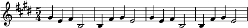  \relative c'' {\set Staff.midiInstrument = #"tubular bells" \time 5/4 \key e \major gis4 e fis b,2 | b4 fis' gis e2 | gis4 e fis b,2 | b4 fis' gis e2 |}