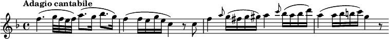  {\set Staff.midiInstrument = #"violin" \key f \major \tempo "Adagio cantabile" \tempo 4 = 60

f''4.( g''32 f''32 e''32 f''32) a''8. (g''16 bes'' 8. g''16) f''4 ( f''16 e''16 g''16 e''16 c''4) r8

c''8 f''4 \grace {a''8} (g''16 fis''16 g''16 gis''16) a''4 \grace {c'''8} (bes''16 a''16 bes''16 d'''16) a''4 ( a''16 bes''16 b''16 c'''16) g''4 r8 }