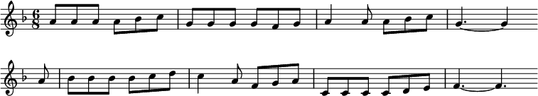 
\new Staff <<
\clef treble \key f \major {
      \time 6/8 \partial 2.
      \relative a' {
	a8 a a a bes c | g8 g g g f g | a4 a8 a bes c | g4.~ g4 \bar"" \break
        a8 | bes8 bes bes bes c d | c4 a8 f g a | c,8 c c c d e | f4.~ f4. \bar"" \break
      }
    }
%\new Lyrics \lyricmode {
%}
>>
\layout { indent = #0 }
\midi { \tempo 4. = 56 }
