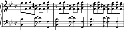 
    {
      \new PianoStaff <<
        \new Staff <<
            \relative c'' {
                \clef treble \key bes \major \time 2/2
                f8 <f, f'> <g g'> <f~ cis'> <f d'> <f f'> <g d' g>4
                r8 <f f'> <g g'> <f~ cis'> <f d'> <f f'> <g d' g>4
                r8 <f d' f> <g d' g> <f~ cis'> <f d'> <f d' f> <g d' g> <f d' f>
                }
            >>
        \new Staff <<
            \relative c {
                \clef bass \key bes \major \time 2/2
                <bes bes'>4. <f' d'>8~ <f d'>4 <f, f'>4
                <bes f' bes>4. <f' d'>8~ <f d'>4 <f, f'>4
                <bes f' bes>4. <f' d'>8~ <f d'>4 <f, f'>4
                }
            >>
    >> }
