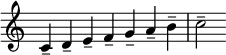  {
\override Score.TimeSignature #'stencil = ##f
\relative c' {
  \clef treble \key c \major \time 7/4
  c4-- d-- e-- f-- g-- a-- b-- c2--

}
}