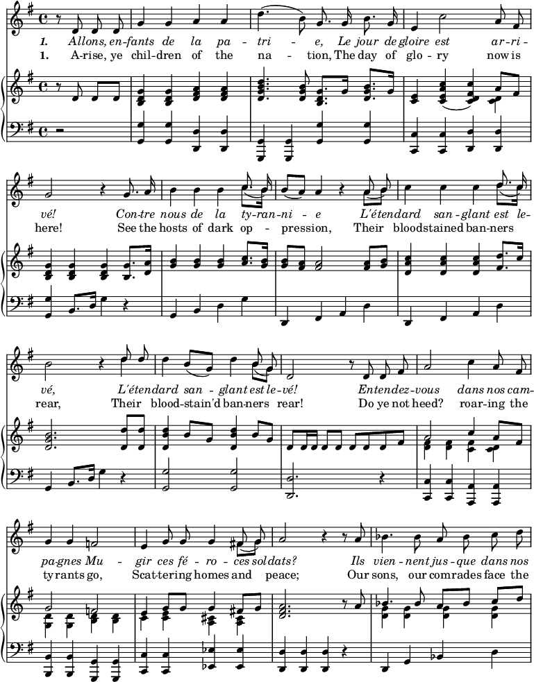 
\relative c'' {
  <<
    \new Voice = "anthem" {
       \omit Score.BarNumber
       \key g \major
       \autoBeamOff
       \partial 2
       r8 d,8 d d
       g4 g a a
       d4.( b8) g8. g16 b8. g16
       e4 c'2 a8 fis8
       g2 r4 g8. a16
       b4 b b << { \autoBeamOff \slurDown c8.( b16) } \\ { c8.[ b16] } >>
       b8[( a)] a4 r4 << { \autoBeamOff \slurDown a8( b) } \\ { a8[ b] } >>
       c4 c c << { \autoBeamOff \slurDown d8.( c16) } \\ { d8.[ c16] } >>
       b2 r4 << { \autoBeamOff d8 d } \\ { d4 } >>
       d4 b8[( g)] d'4 << { \autoBeamOff \slurDown b8( g) } \\ { b8[ g] } >>
       d2 r8 d8 d fis
       a2 c4 a8 fis
       g4 g f2
       e4 g8 g g4 << { \autoBeamOff \slurDown fis!8( g) } \\ { fis8[ g] } >>
       a2 r4 r8 a8
       bes4. bes8 a bes c d%last note causes an error
    }
    \new Lyrics \lyricmode {
      \set associatedVoice = #"anthem"
        \set stanza = \markup {\italic "1. "}
        \override LyricText #'font-shape = #'italic
        \skip8
        Al8 -- lons, en -- fants4 de la pa -- tri2 -- e,8.
        Le16 jour8. de16 gloire4 est2 ar8 -- ri -- vé!2
        \skip4 Con8. -- tre16 nous4 de la ty8. -- ran16 -- ni4 -- e
        \skip4 L'é8 -- ten -- dard4 san -- glant est8. le16 -- vé,2
        \skip4 L'é8 -- ten -- dard4 san -- glant est8 le8 -- vé!2
        \skip8 En8 -- ten -- dez -- vous2 dans4 nos8 cam -- pa4 -- gnes
        Mu2 -- gir4 ces8 fé -- ro4 -- ces8 sol -- dats?2
        \skip4. Ils8 vien4. -- nent8 jus -- que dans nos
    }
    \new Lyrics \lyricmode {
      \set associatedVoice = #"anthem"
        \set stanza = #"1. "
        \skip8
        A8 -- rise, ye chil4 -- dren of the na2 -- tion,8.
        The16 day8. of16 glo4 -- ry2 now8 is here!2
        \skip4 See8. the16 hosts4 of dark op -- pres -- sion,
        \skip4 Their blood -- stained ban -- ners rear,2
        \skip4 Their4 blood -- stain'd ban -- ners rear!2
        \skip8 Do8 ye not heed?2 roar4 -- ing8 the ty4 -- rants go,2
        Scat4 -- ter8 -- ing homes4 and peace;2
        \skip4. Our8 sons,4. our8 com -- rades face the
    }
    \new PianoStaff <<
      \new Staff {
       \key g \major
       \partial 2
        r8 d,8 d[ d]
        <b d g>4 q <d fis a> q
        <d g b d>4. <d g b>8 <b d g>8.[ g'16] <d g b>8.[ g16]
        <c, e>4 <c e a c>( <c d fis c'>) << { a'8 fis } \\ { <c d>4 } >>
        <b d g>4 q q <b g'>8. <d a'>16
        <g b>4 q q <a c>8. <g b>16
        <g b>8 <fis a> q2 q8 <g b>8
        <d a' c>4 q q <fis d'>8.[ c'16]
        <d, g b>2. <d d'>8[ q]
        <d b' d>4 b'8[ g] q4 b8[ g]
        d8[ d16 d] d8[ d] d[ d d fis]
        << { a2 c4 a8[ fis] } \\ { <d fis>4 q <c fis> <c d> } >>
        << { g'2 f } \\ { <g, d'>4 q <b d> q } >>
        << { e4 g8[ g] g4 fis!8[ g] } \\ { c,4 <c e> <a cis> q } >>
        <d fis a>2. r8 a'8
        << { bes4. bes8 a[ bes] c[ d] } \\ { <d, g>4 q q q } >>
      }
      \new Staff {
        \clef "bass"
        \key g \major
        \partial 2
        r2
        <g,, g'>4 q <d d'> q
        <g, g'> q <g' g'> q
        <c, c'> q <d d'> q
        <g g'> b8.[ d16] g4 r4
        g, b d g
        d, fis a d
        d, fis a d
        g, b8.[ d16] g4 r4
        <g, g'>2 q
        <d d'>2. r4
        <c c'>4 q <a a'> q
        <b b'> q <g g'> q
        <c c'> q <ees ees'> q
        <d d'> q q r4
        d g bes d
      }
    >>
  >>
}
