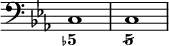 { \override Score.TimeSignature #'stencil = ##f \time 4/4 \key c \minor \clef bass << { c1 c } \figures { < 5- >1 < 5/ > } >> }