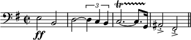 
  \relative c{
    \set Staff.midiInstrument = #"tuba"
    \set Score.tempoHideNote = ##t
    \tempo 4 = 130
    \clef bass
    \key g \major
    \time 2/2
      e2 \ff b d~ \times 2/3 { d4 c b } c2.~\startTrillSpan c8. g16\stopTrillSpan ais2\accent\staccato fis\accent\staccato \bar "||"
  }
