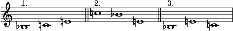 
\relative c' {
  \new PianoStaff <<
   \new Staff \with { \remove "Time_signature_engraver" }
    { \key c \major  \time 3/1 bes1^\markup {1.}  c!  e! \bar "||" c'!^\markup {2.} bes! e,! \bar "||" bes!^\markup {3.} e! c! \bar "|" }
  >> }
