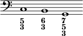 { \override Score.TimeSignature #'stencil = ##f \clef bass << { \cadenzaOn c1 b, g, } \figures { < 5 3 >1 < 6 3 > < 7 5 3 > } >> }