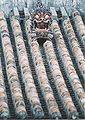 Open-mouthed shisa on a traditional tile roof in Okinawa Prefecture