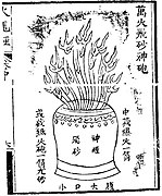 A 'flying-sand divine bomb releasing ten thousand fires' (wan huo fei sha shen pao) as depicted in the Huolongjing. A weak casing device possibly used in naval combat.