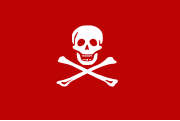 Interpretation of a French filibusters flag from 1688 described as a “red flag with a death’s head at the center and two crossed bones below the head, in white, in the middle of the red”.[52]