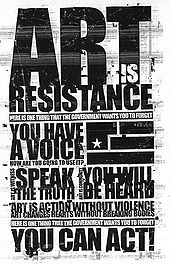 A black-and-white flier with the words "Art is Resistance" with a stenciled flag of four sections and a single star.