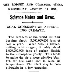 Article de journal néo-zélandais (publié le 14 août 1912) décrivant les principes du réchauffement climatique.