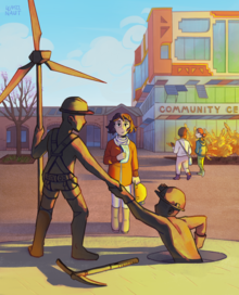 A Solarpunk illustration of a middle-aged woman in an orange jacket, holding a miner's helmet and a flyer. She's looking at a monument of a wind turbine engineer holding hand and helping a miner get out of a hole, a symbol of the respecialization of workers which took place in the community center below them. The building is clearly made of several different styles, a fancy solarpunk architecture covering two top floors above much simpler, glass two on the ground. The whole scene is bathed in warm light of dawn.