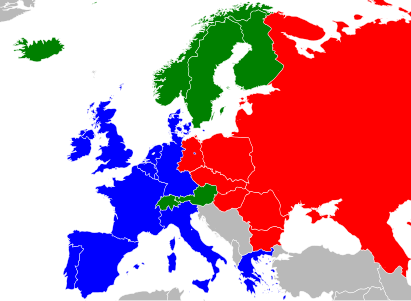 Европа в 1988 году. Синим — государства ЕЭС, красным — СЭВ