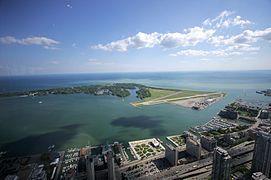 View of Lake Ontario from Toronto's CN Tower, showing Toronto Harbour, Toronto Islands, and the island airport