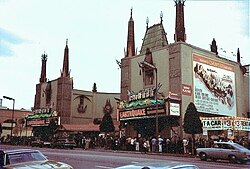 The Chinese Theatre, Hollywood, California. Exterior with lines waiting to see Earthquake, beginning November 15, 1974