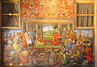 Mural painting of a meeting between Shah Tahmasp and the Mughal emperor Humayun at the Chehel Sutun Palace, found in Isfahan, Iran