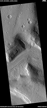 Wide view of flow moving down valley, as seen by HiRISE under HiWish program