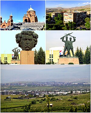 از بالا چپ: Surp Hovhannes Church • آبوویان به همراه Mount Hatis مجسمه خاچاطور آبوویان • بنیای یادبود برادری Russian-Armenian در town hall </smallنمایی Panoramic از آبوویان>