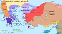 Carte de l'Empire byzantin divisé en différents États en 1204.