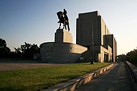 The National Monument (built 1929–1938) with equestrian statue of Jan Žižka by Bohumil Kafka (1950) on the Vítkov hill, Prague-Žižkov Author: Fotograf ondra