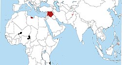 Areas controlled by or had presence of the Islamic State Former territory in red Current territory in black