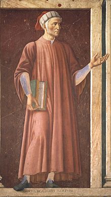 Dante Alighieri pentrita de Andrea del Castagno, ĉ. 1450 (Galerio Uffizi)