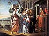 Baroque painting of Mary (dressed mostly white) arriving with a servant at the house of Elizabeth and Zechariah (both right), Baroque garden in the background, a parrot to the right